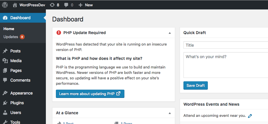 Stan witryny WordPress - Ostrzeżenie o starej wersji języka PHP